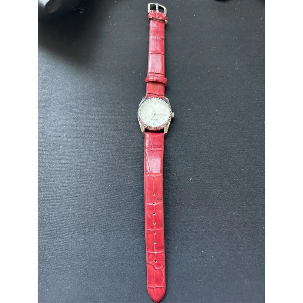 Silver Tone White Dial Red Band Women’s Quartz Watch